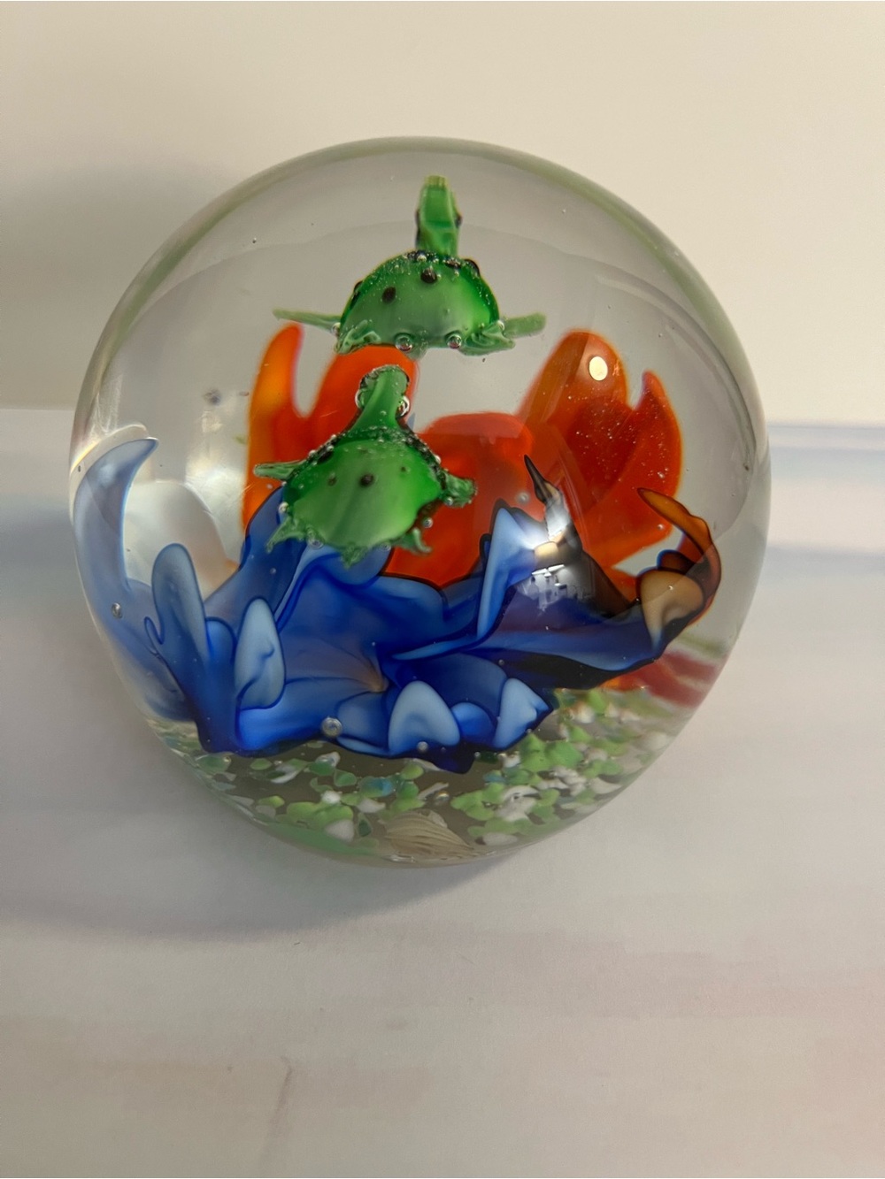 Hand blown Glass Aquarium Paperweight with Green Fish, Blue and Orange Coral